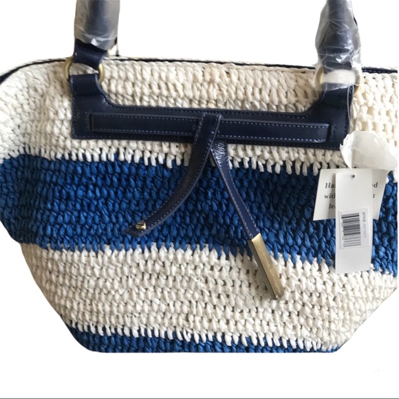 Adrienne Vittadini Nautical Black White Straw Summer Tote Bag - Picture 14 of 16